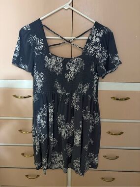 Maurices Navy and White Floral Smocked Mini Dress with Crisscross Back